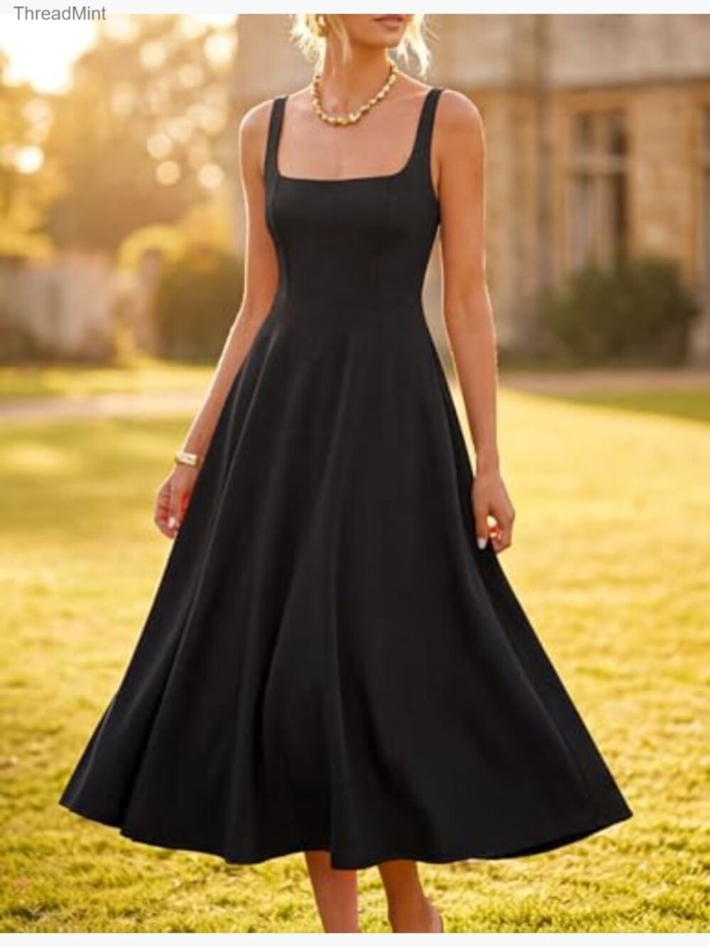 Sleeveless Midi Dress with Pockets, Square Neck, A-Line, Summer Casual - Picture 6 of 7